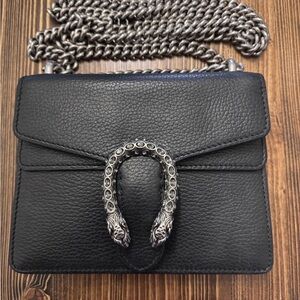 Gucci Black Leather Chain Shoulder Bag with Silver Horsebit Detail